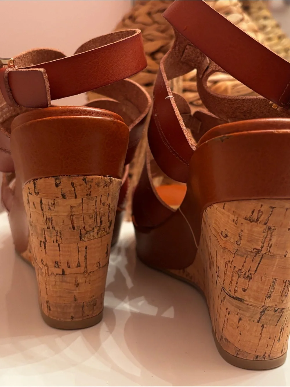 Material Girl Cognac Wedge Sandals with Cork Platform